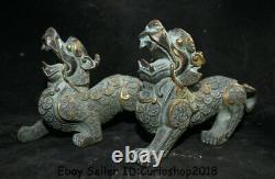 10Old Chinese Bronze Gilt Folk Feng Shui Pixiu Beast Unicorn Wealth Statue Pair