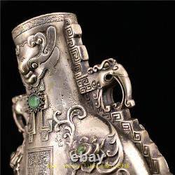 10.63 Chinese copper silvering inlay gem carved flower beast head patterns Vase