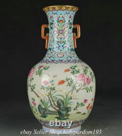 10.8 Marked Chinese Famille rose Porcelain Flower 2 Ear Bottle Vase Pair