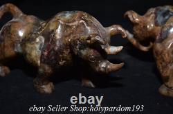 10.8 Old Chinese Xiu Jade Carved Fengshui 12 Zodiac Year Cattle Ox Statue Pair