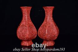 10 Marked Old Chinese Red Lacquerware Fengshui Flower Bottle Vase Pair