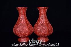 10 Marked Old Chinese Red Lacquerware Fengshui Flower Bottle Vase Pair