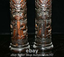 10 Old Chinese Boxwood Carved Fengshui Double Dragon Incense tube Pair