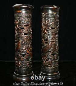 10 Old Chinese Boxwood Carved Fengshui Double Dragon Incense tube Pair