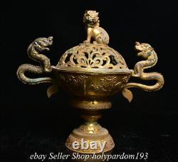 10 Old Chinese Bronze Gilt Dynasty Lion Lid Dragon incense burner