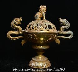 10 Old Chinese Bronze Gilt Dynasty Lion Lid Dragon incense burner