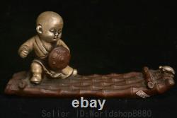 10 Qianlong Marked Old Chinese copper carving boy Bamboo boat tortoise statue