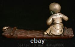 10 Qianlong Marked Old Chinese copper carving boy Bamboo boat tortoise statue