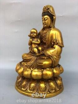 11.8Chinese Bronze Gilt Fengshui Kwan-yin Guan Yin Bodhisattva Bring Kid Statue