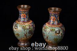 11.8 Marked Old Chinese Purple Bronze Cloisonne deer crane Bottle Vase pair