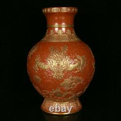 11 Chinese Old Porcelain qing dynasty qianlong mark red gilt cloud dragon Vase