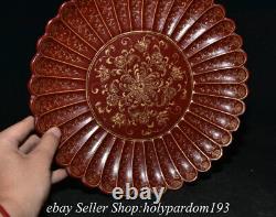 11 Marked Old Chinese Red Lacquerware Gilt Dynasty Flower Round Tray Plate