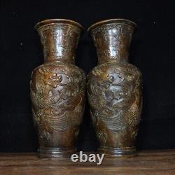 11 Old Chinese Purple Bronze Carved Animal Bottle Vase Statue Sculpture pair