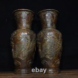 11 Old Chinese Purple Bronze Carved Animal Bottle Vase Statue Sculpture pair
