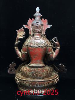 12Old Chinese antiques Pure copper gilding Handmade Four arm Bodhisattva Buddha
