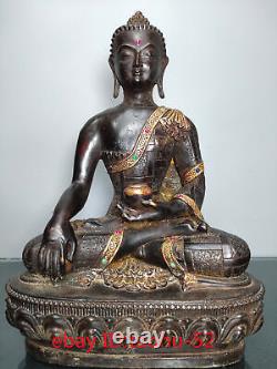12.0Rare Chinese antiques Pure copper Inlaid gem Shakyamuni Buddha statue