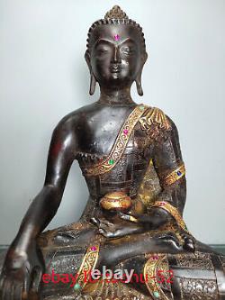 12.0Rare Chinese antiques Pure copper Inlaid gem Shakyamuni Buddha statue