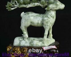 12.8 Chinese Natural Xiu Jade Carving Feng Shui Sika Deer Wood Base Statue