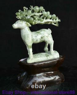 12.8 Chinese Natural Xiu Jade Carving Feng Shui Sika Deer Wood Base Statue