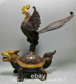 12 Chinese Bronze Gilt Dragon Turtle Phoenix Phenix Feng Animal Sculpture