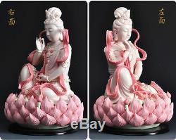 12 Chinese Dehua Colored Porcelain Lianhua Kwan-yin Guanyin Buddha Lotus Statue