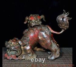 12'' Chinese bronze Gilt wealth Lucky animal lion foo dog incense burner censer