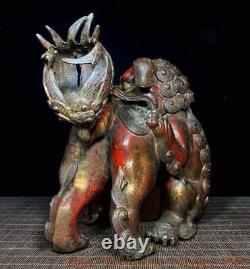 12'' Chinese bronze Gilt wealth Lucky animal lion foo dog incense burner censer