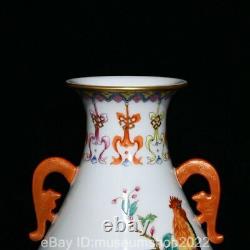 13.2 Old Chinese Qianlong Marked Famile Rose Porcelain Rooster Cock Vase Bottle