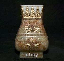 13.2 Old Chinese White Jade Gilt Carved Dynasty Beast Face Bottle Vase Jar Jug