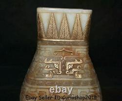 13.2 Old Chinese White Jade Gilt Carved Dynasty Beast Face Bottle Vase Jar Jug