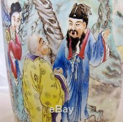 13.5 Antique Chinese Famille Rose Thin Porcelain Vase with People & Qianlong Mark