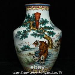 13.6 Marked Chinese Famille rose Porcelain Dynasty Double Ear Tiger Bottle Vase