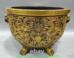 14.5'' Old Chinese Purple Bronze Gold Dragon 2 Beast Ear Incense Burner Censer