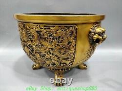 14.5'' Old Chinese Purple Bronze Gold Dragon 2 Beast Ear Incense Burner Censer