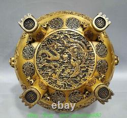 14.5'' Old Chinese Purple Bronze Gold Dragon 2 Beast Ear Incense Burner Censer