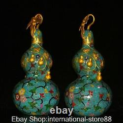 14.8 Old Chinese Cloisonné Enamel Fengshui Gourd Flower Lucky Statue Pair
