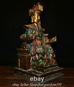 14 Old Chinese Bronze Gilt Painting God Emperor Lucky Statue Sculpture