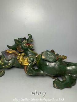 15.2 Old Chinese Bronze Painting Fengshui God Beast Pi Xiu Statue Pair