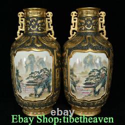 15.6 Marked Old Chinese Wucai Porcelain Gilt Palace Scenery 2 Ear Bottle Pair