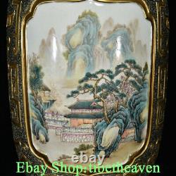 15.6 Marked Old Chinese Wucai Porcelain Gilt Palace Scenery 2 Ear Bottle Pair