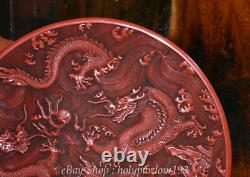 15 Rare Chinese Palace Red lacquerware Carved Two Dragon play Bead Flower Plate