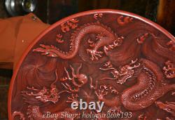 15 Rare Chinese Palace Red lacquerware Carved Two Dragon play Bead Flower Plate