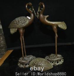 16.4 Old Chinese Bronze red-crowned crane hold in the mouth branch statue pair