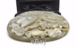 17C Chinese Celadon Jade Deep Carved Carving Plaque Duck Bird Mini Screen Wood