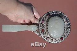 18C Chinese White Jade Nephrite Carving Belt Hook Plaque Tourmaline Mirror