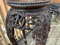 18c Antique Chinese Carved Wood Marble Plant Stand Table Bamboo Carvings