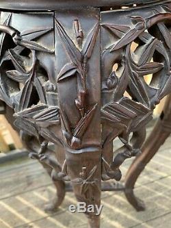 18c Antique Chinese Carved Wood Marble Plant Stand Table Bamboo Carvings