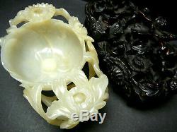 18th/19thC finely carved Chinese white jade brush pot on original wooden stand