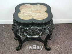 1900's Carved Wood Clover Form Pink Marble Top Chinese Side Table Plant Stand