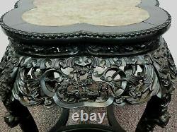 1900's Carved Wood Clover Form Pink Marble Top Chinese Side Table Plant Stand
